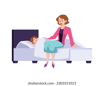 La madre pone a su hijo en la cama y canta canciones de cuna, ilustración vectorial plana aislada en el fondo blanco. El niño está durmiendo tranquilamente en la cama. Concepto de tiempo de vida.