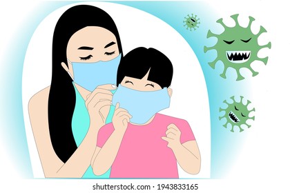 a mother puts a mask on her child to protect against the corona virus