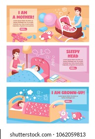 Mother putting baby to sleep in bed cradle swing 3 bedtime horizontal banners isolated vector illustration 