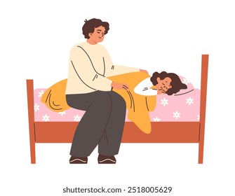 Mother putting daughter to sleep in the bed. Cartoon woman parent is singing a lullaby for her child. Kids bedtime concept. Vector flat illustration isolated on white background