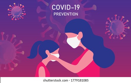 Mother putting face mask to her daughter to prevent COVID-19 coronavirus disease outbreak vector illustration. New normal wearing face mask going out concept background