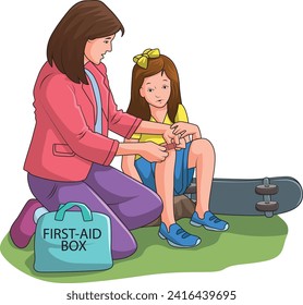 Mother putting first aid on daughters leg