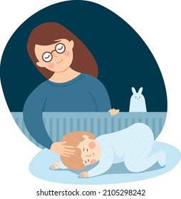 Mother putting her baby to sleep in a crib. Woman is singing a lullaby for her newborn child. Flat vector illustration