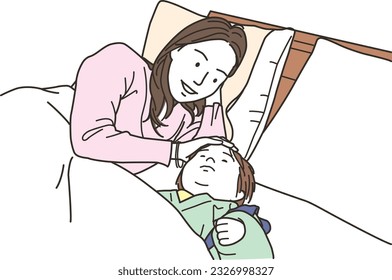 mother putting her child to sleep on the bed
