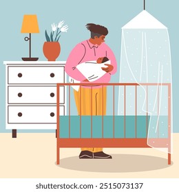 Mother putting little infant to sleep in the bed, crib in the nursery room. Cartoon woman parent is singing a lullaby for her newborn baby. Kids bedtime concept. Vector flat illustration