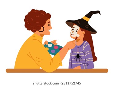 Mãe colocando maquiagem para sua filha vestida como uma bruxa para a ilustração vetor plana da festa de Halloween isolada no branco.