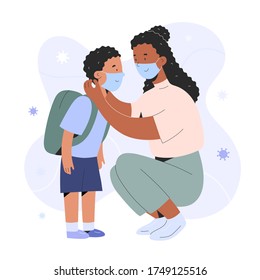 Mother putting on face mask on her child boy for protection against coronavirus infection, cartoon realistic characters, covid prevention, parent showing how to put on a mask, vector illustration