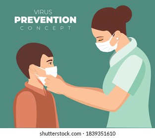 Mother putting on face mask on her child boy for protection against coronavirus infection. Little boy and mom in medical mask. Child wearing face mask to protect from virus, vector illustration