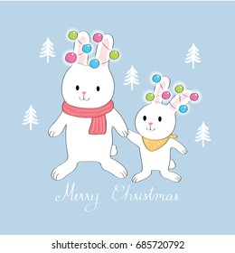 Mother rabbit and baby rabbit with colorful lights on Christmas Eve vector