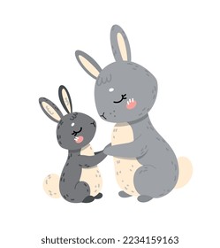 Madre conejo con bebé. Juguetes y mascotas para los niños. Elemento gráfico para imprimir en tela. Símbolo de cuidado y apoyo, familia. Niñez y paternidad. Dibujo vectorial plano de dibujos animados