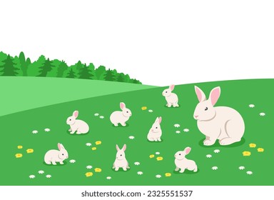 Mother rabbit with cute baby rabbits in the summer flower meadow. Little playful adorable bunnies grazing in green grass. Flat cartoonish illustration