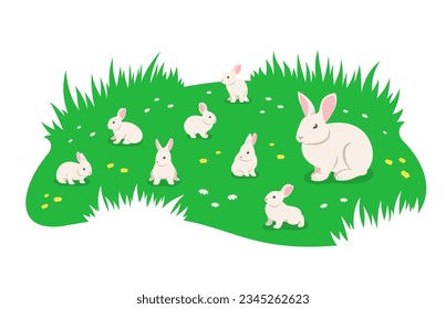 Mother rabbit with cute baby rabbits grazing in the green summer meadow. Little playful adorable bunnies grazing in green grass. Simple flat cartoon illustration