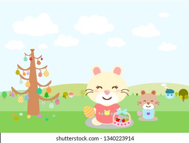 Mother rabbit taking her child to collect decorated eggs from big tree in green grass land with clear blue sky and soft clouds.  Story for Easter festival event's decoration.