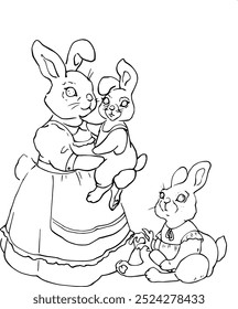 Mother rabbit and two little rabbits. Line drawing, vintage style. For printing coloring books, cards, tableware, clothes, children's books, stickers, etc. For website design, birthday invitations.