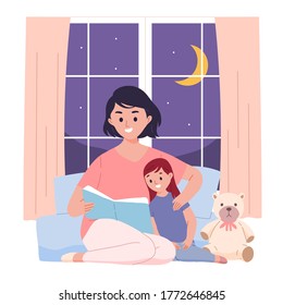 Mother Read Book Bed Before Sleep on Night for Literature Knowledge