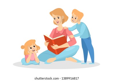 Mother read a book for children. Girl and boy listen to the fairytale. Family spend time together. Isolated vector illustration in cartoon style