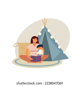 Mother read book with her child. Mom sitting on the floor near kids tent spend time with her son. Flat vector illustration