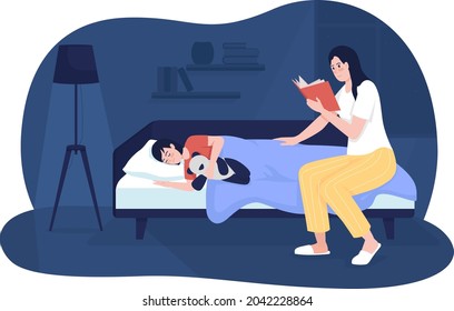 Mutter las Buch für Kind 2D Vektorgrafik einzeln. Mutter las Buch für Kinder. Geschichtenerzählen für das Baby. Fröhliche, familiäre, flache Figuren auf Cartoon-Hintergrund. Gebratene, bunte Szene