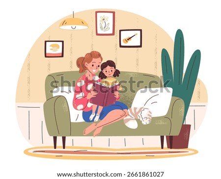 Mother read book. Mom reading storybook to children, family parent with kid together child bedtime fairy tale story home room night evening storytelling, classy vector illustration