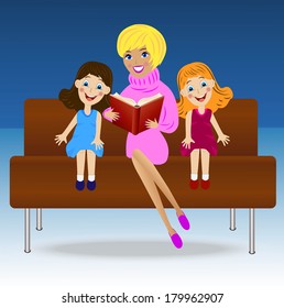 mother read book two little daughter, sitting on sofa,vector illustration