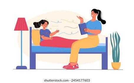 Mother read fairy tales. Woman sitting with fiction at bed with daughter. Education and learning for preschooler. Fantasy and imagination. Cartoon flat vector illustration isolated on white background