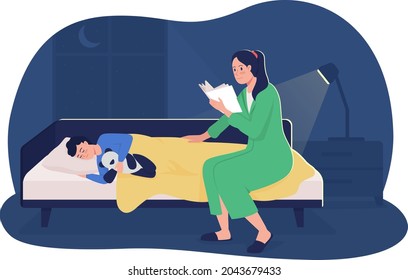 Mother read story 2D vector isolated illustration. Mother reading book for sleeping kid. Story telling for baby. Happy family flat characters on cartoon background. Bedtime routine colourful scene