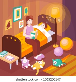 Mother reading aloud bedtime stories sitting on child bed preparing kid for sleep retro poster vector illustration 