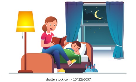 Mother Reading Bedtime Story Book To Son Kid Lying In Bed At Window With Night Stars View & Moon. Mom Preparing Child For Sleep.  Parent Telling Fairy Tale. Flat Vector Isolated Illustration