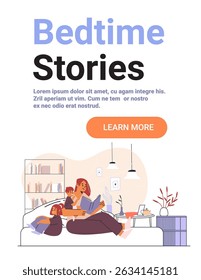 Mother reading bedtime story children cozy living room sofa bookshelf plants warm home evening family routine website banner