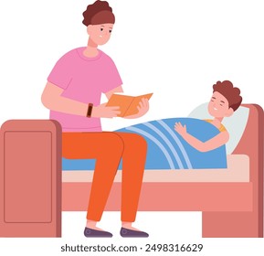 Mother reading bedtime story. Son laying in bed isolated on white background