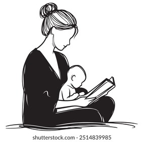 Mother reading book to child. Continuous one line drawing art. Vector illustration drawn in line art style