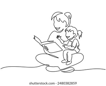 Mother reading book to child daughter. Continuous one line drawing art. Vector illustration drawn in line art style