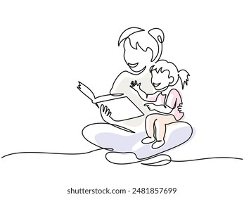 Mother reading book to child daughter. Continuous one line drawing art. Vector illustration drawn in line art style