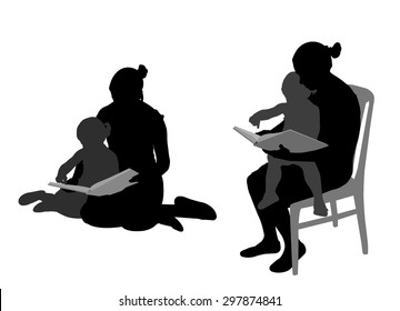 mother reading book to child silhouettes