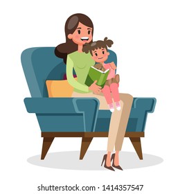 Mother reading a book to a daughter. Child and parent in the armchair. Mom and girl spend time together. Isolated vector illustration in cartoon style