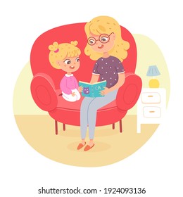 Mother reading book to daughter at home. Happy clever child learning activity vector illustration. Woman spending time together with little kid, family sitting in armchair indoor.