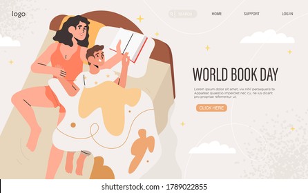 Mother reading book to her child before going to bed. Mom and son reading fairytale together in bed. World book or reading day, world literacy day celebration banner, web page, social media post.