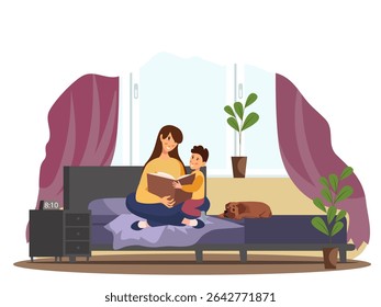 Mother reading a book with her child on a cozy sofa in the living room interior. Warm family moment with curtains, window, and houseplant. Vector illustration.