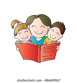 Mother reading book to her children. Cartoon style.