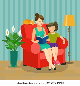 Mother is reading a book to her daughter. Mother and daughter are sitting in a chair. Vector flat style illustration