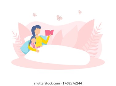 Mother Reading Book to Her Daughter in the Bed, Loving Mom and Her Child in Everyday Life at Home Vector Illustration