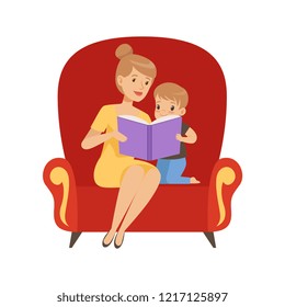 Mother reading a book to her little son sitting in an armchair vector Illustration on a white background