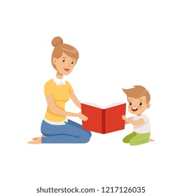 Mother reading a book to her little son vector Illustration on a white background