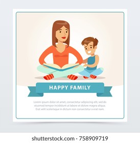Mother reading a book to her smiling son, happy family banner flat vector element for website or mobile app