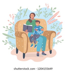 Mother reading a book with her son. Happy family concept. Human character in modern style.