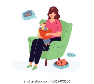 Mother reading a book to her son - colorful flat design style illustration on white background. A composition with a young woman sitting on a chair, showing pictures to her child, a dog sleeping