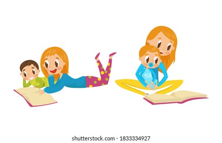 Mother Reading Book to Her Son Vector Illustration Set