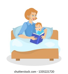 Mother reading book for a kid at bedtime. Woman telling tales from the story book. Baby boy is sleepy. Isolated vector illustration in cartoon style