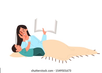 Mother reading book for a kid at bedtime. Woman telling tales from the story book. Baby boy is sleepy. Isolated vector illustration in cartoon style