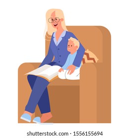 Mother reading book for a kid at bedtime. Woman telling tales from the story book. Happy boy listen to bed tie story. Isolated vector illustration in cartoon style
